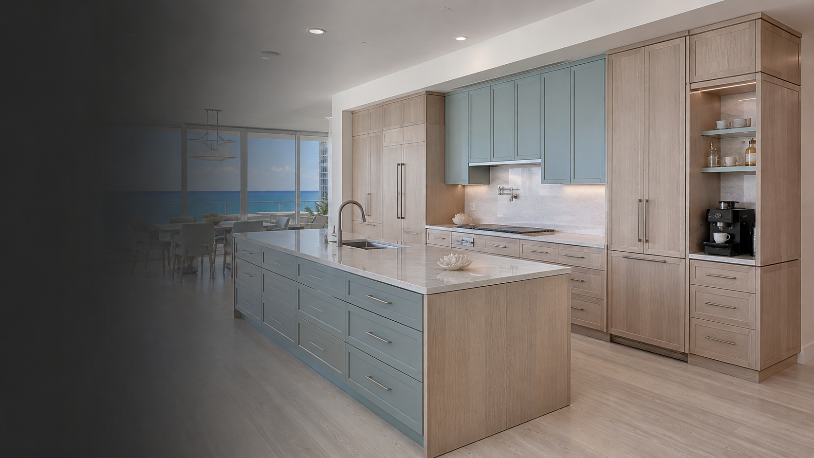 Sea-glass blue and white oak custom kitchen designed for a Treasure Island waterfront condominium