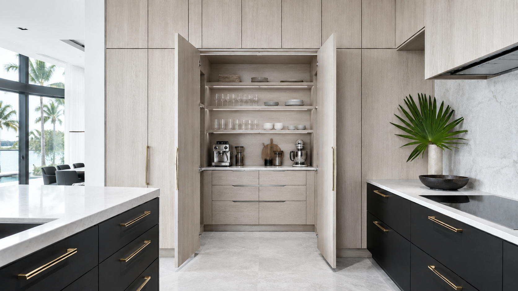 Hidden walk-in pantry integrated into custom white oak kitchen cabinetry