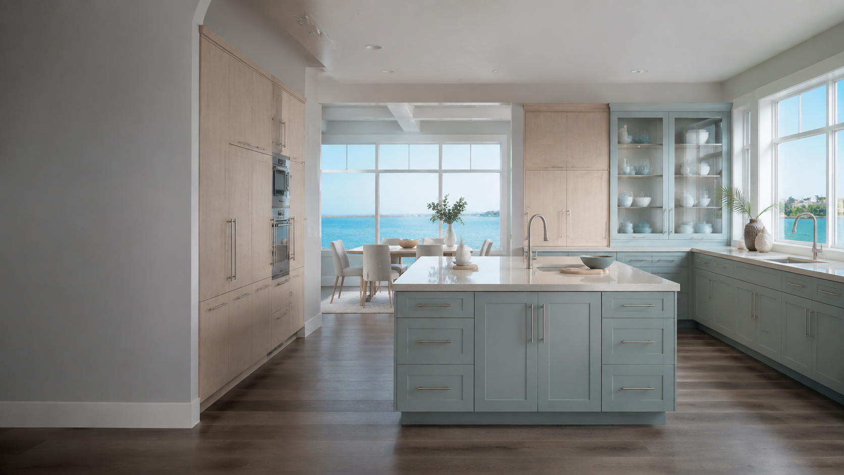 Waterfront Redington Beach kitchen with white oak cabinetry, sea-glass blue island and view-preserving storage