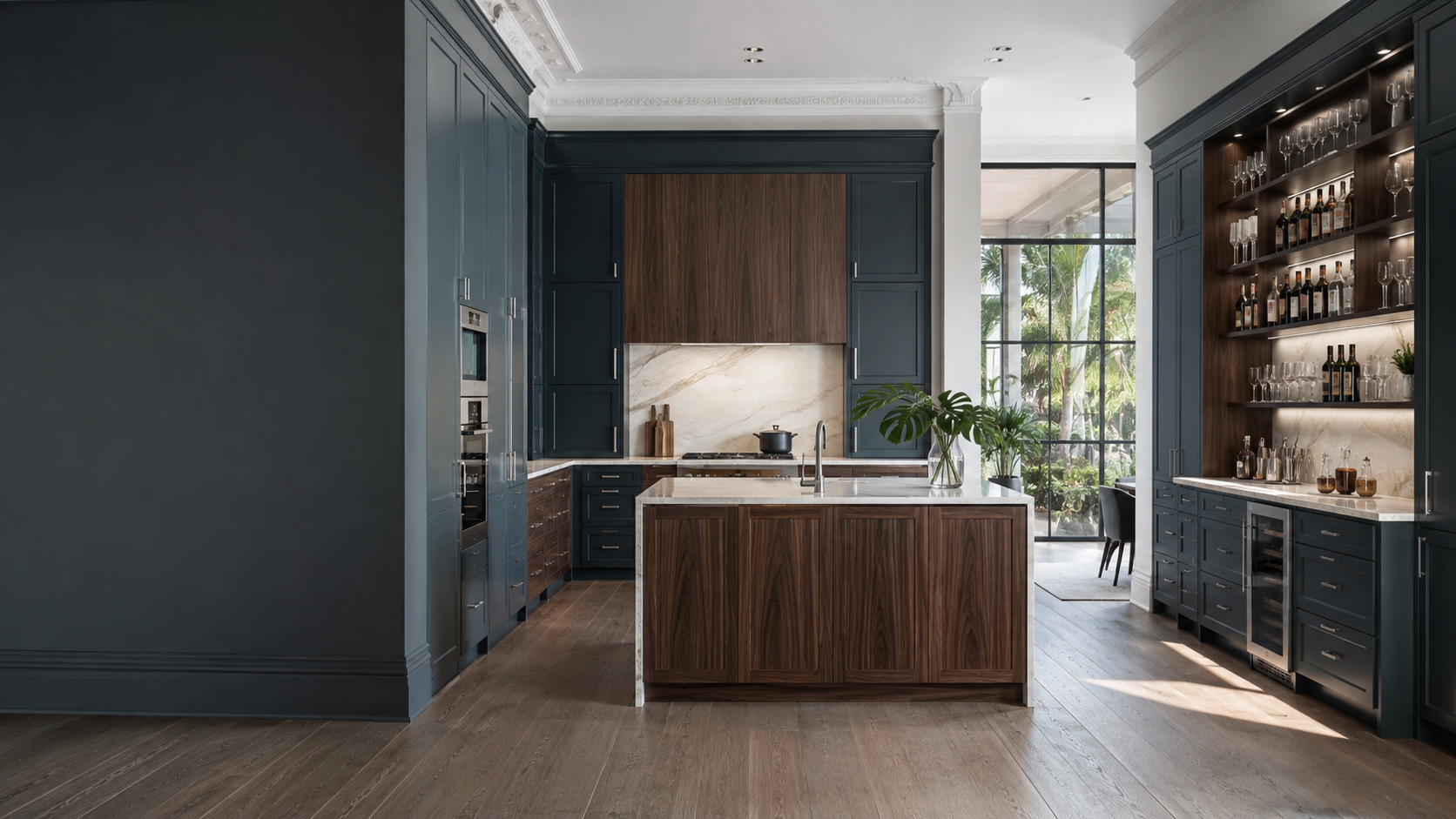 Design-forward St. Petersburg kitchen with walnut island, deep blue-green cabinetry and built-in bar storage