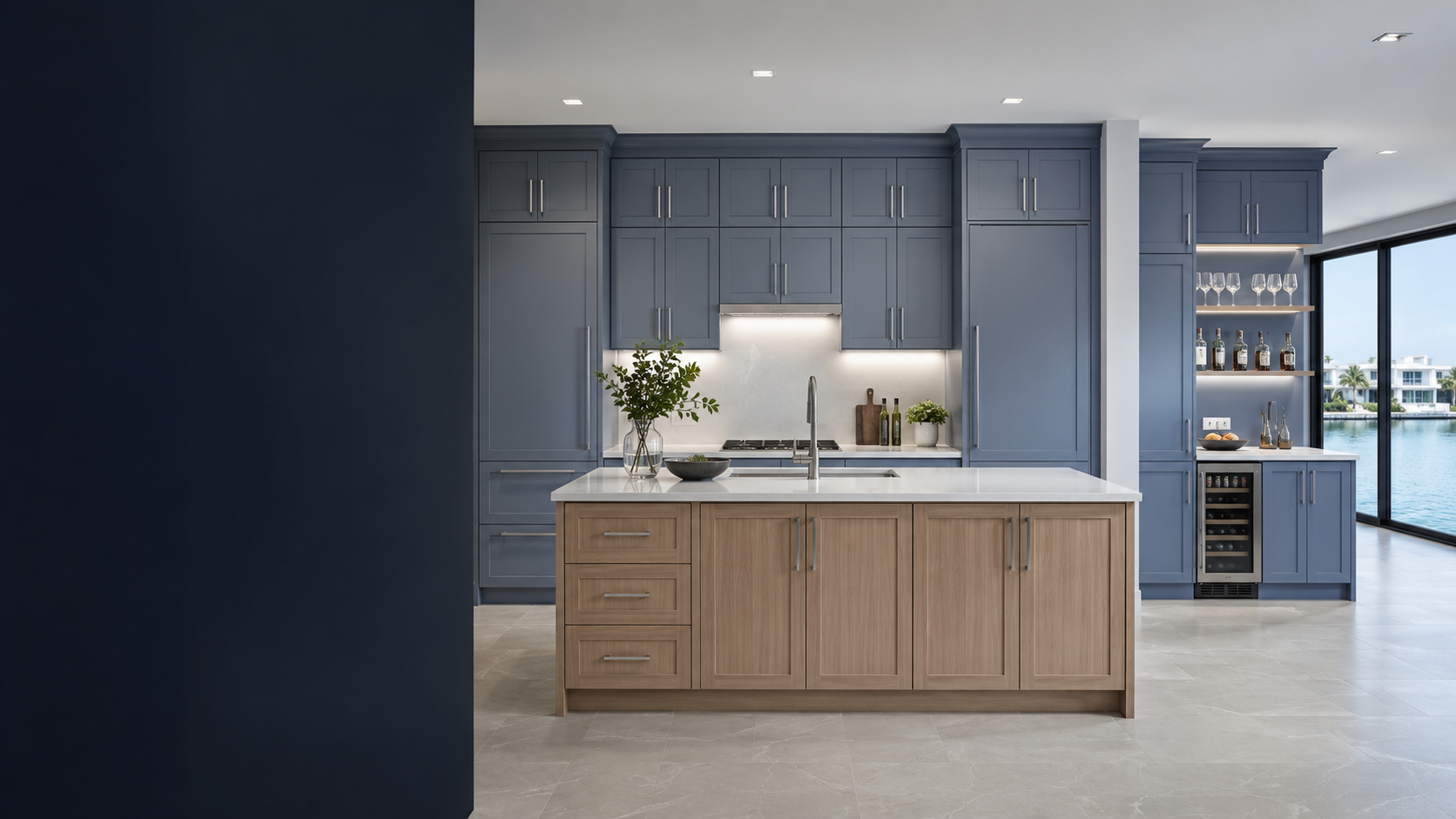 Blue-gray and white oak custom kitchen cabinetry in a Madeira Beach waterfront home