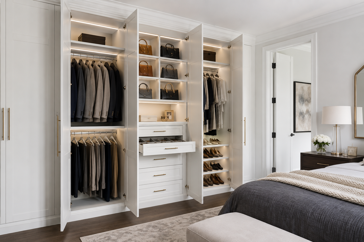 Custom white reach-in closet with profiled drawers, double hanging sections, shoe storage and integrated lighting