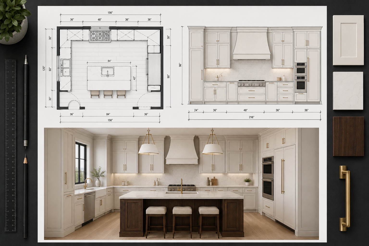 Cabinet design presentation showing a kitchen floor plan, cabinet elevation and 3D perspective