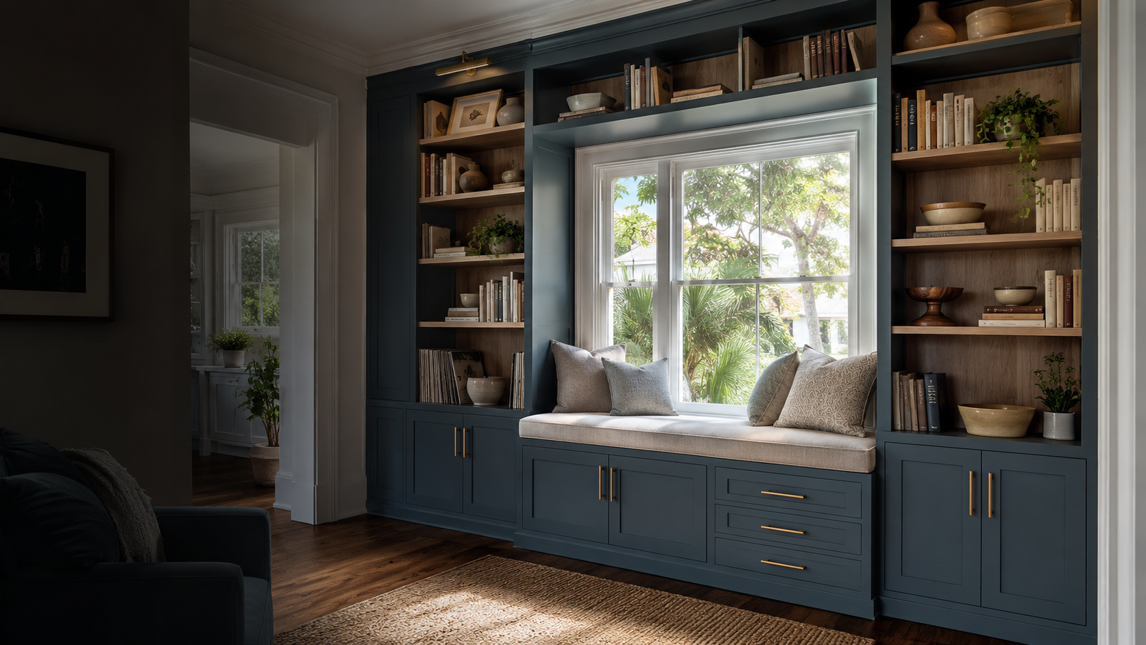 Deep teal bungalow library cabinetry with a window seat and concealed storage in Dunedin Florida