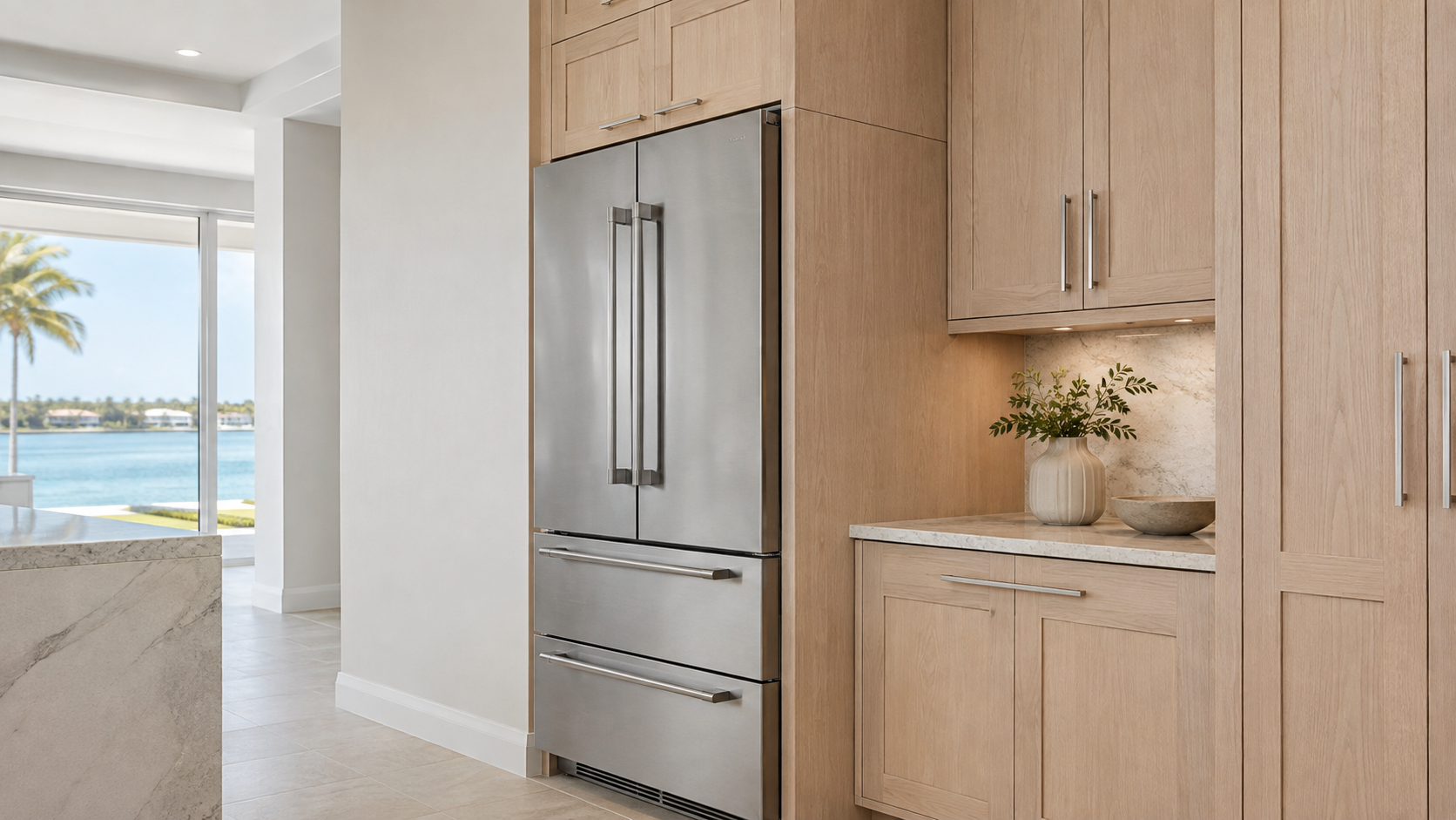 Stainless French-door refrigerator framed by pale-oak cabinetry with a full-height finished end panel and coordinated countertop termination