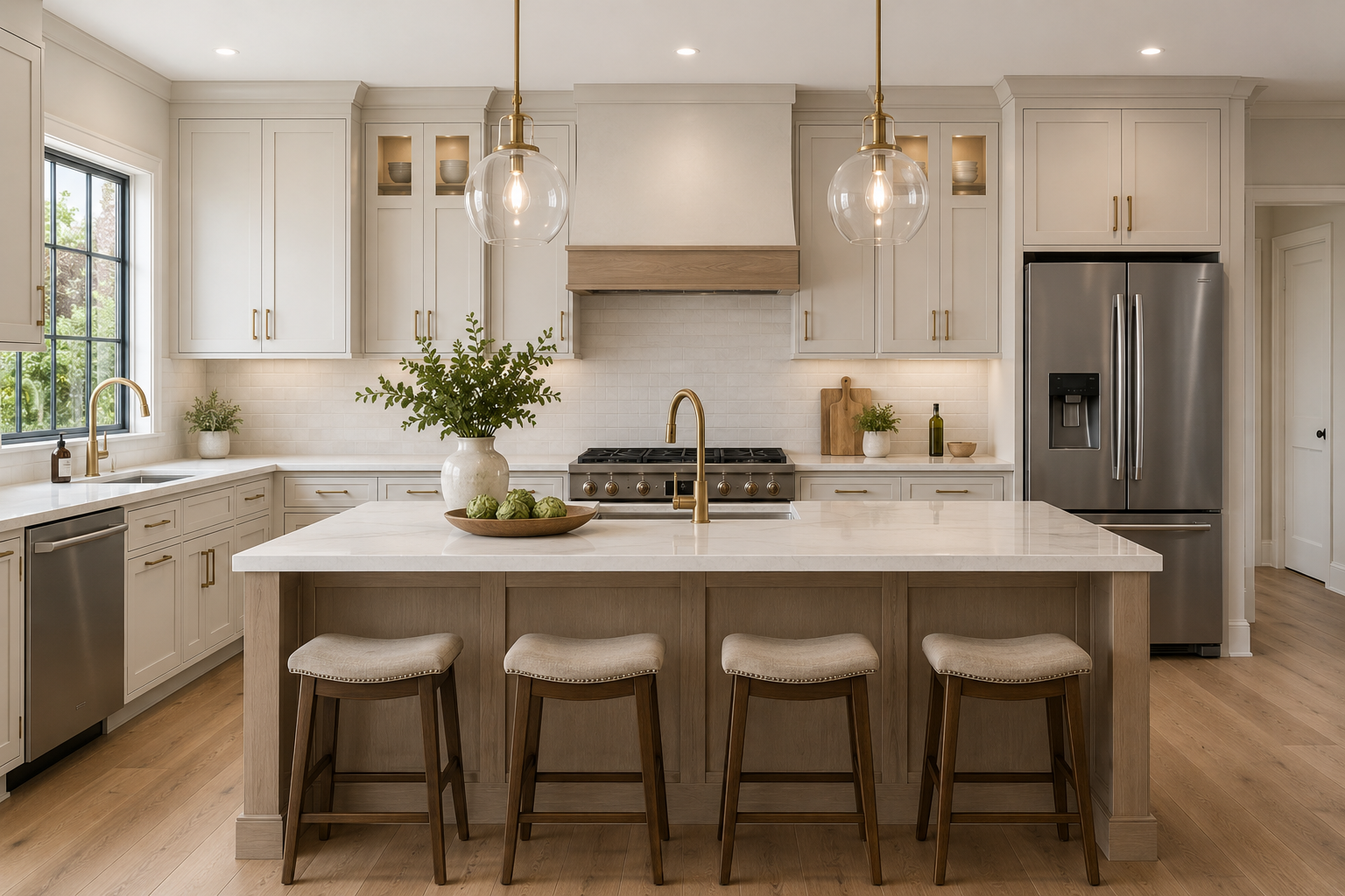 Warm Catalina Shaker kitchen with neutral cabinetry and island