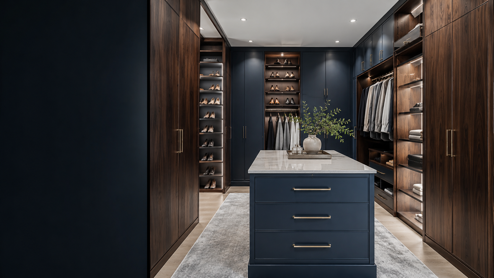 Luxury smoked-walnut and mineral-blue walk-in closet designed for a Pinellas Park Florida home