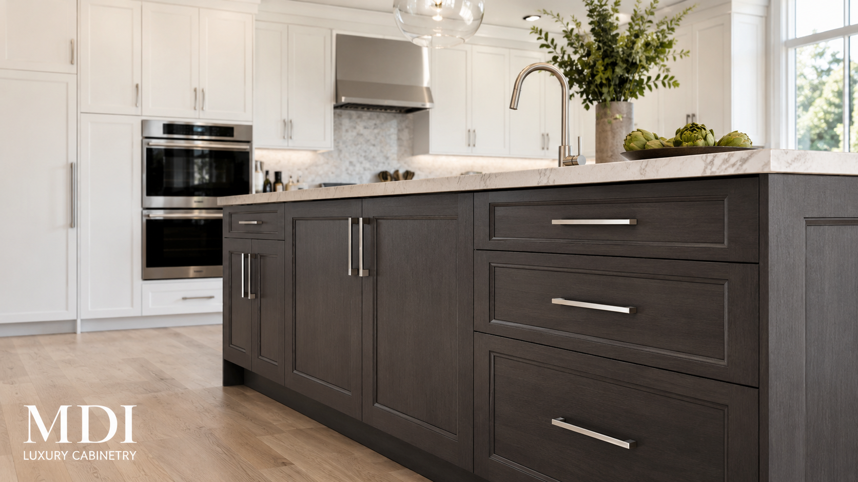 Maui Shaker RTA cabinets in white and Slate Stain
