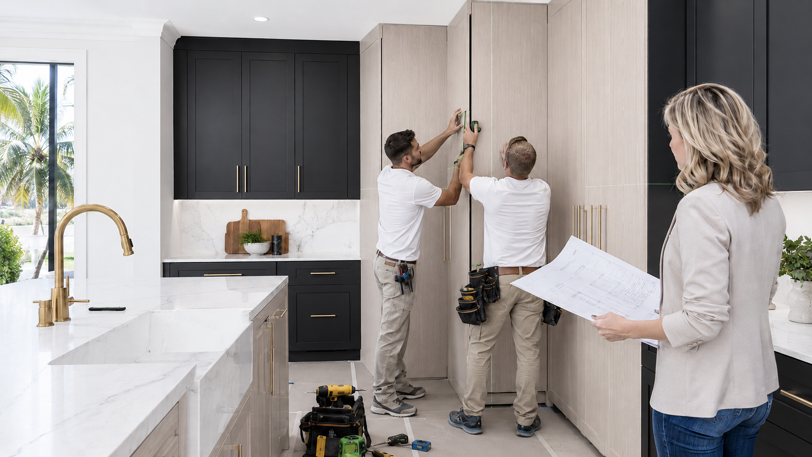 Professional installers aligning custom cabinetry in a Florida kitchen