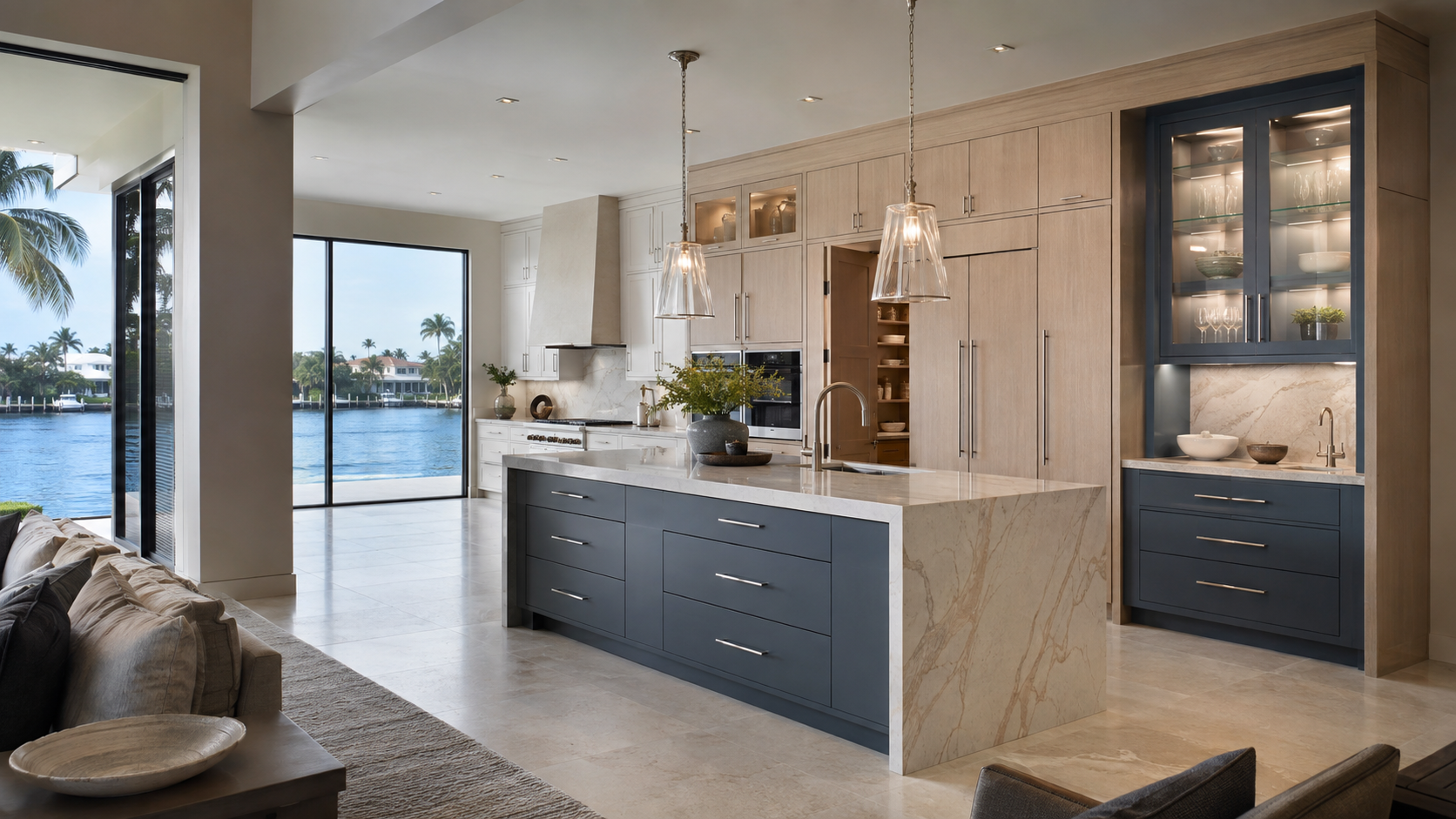 Luxury kitchen cabinets in Florida with full-overlay cabinetry, three-drawer storage, integrated appliances, and modern high-end finishes