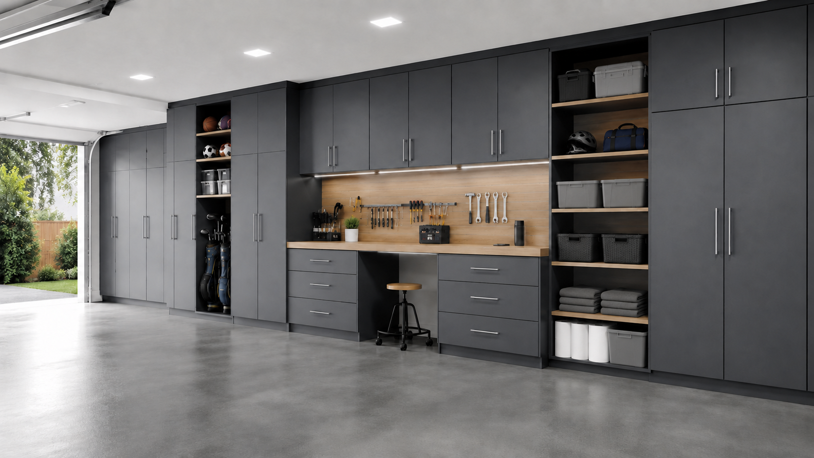 Custom graphite garage cabinets with workstation, tool organization, sports storage, and tall utility cabinets