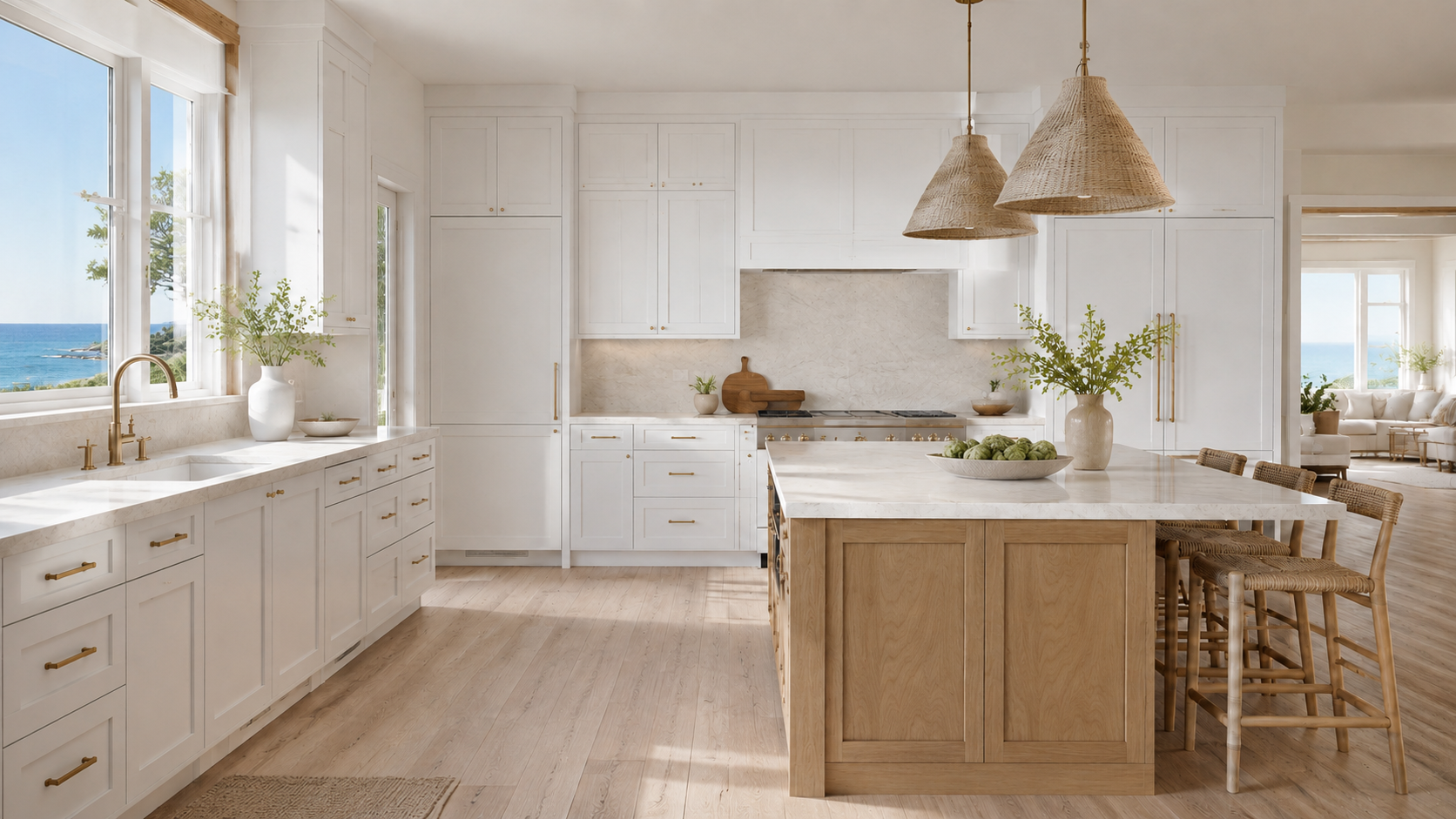 Finished luxury kitchen combining coordinated cabinetry with tailored island and architectural details