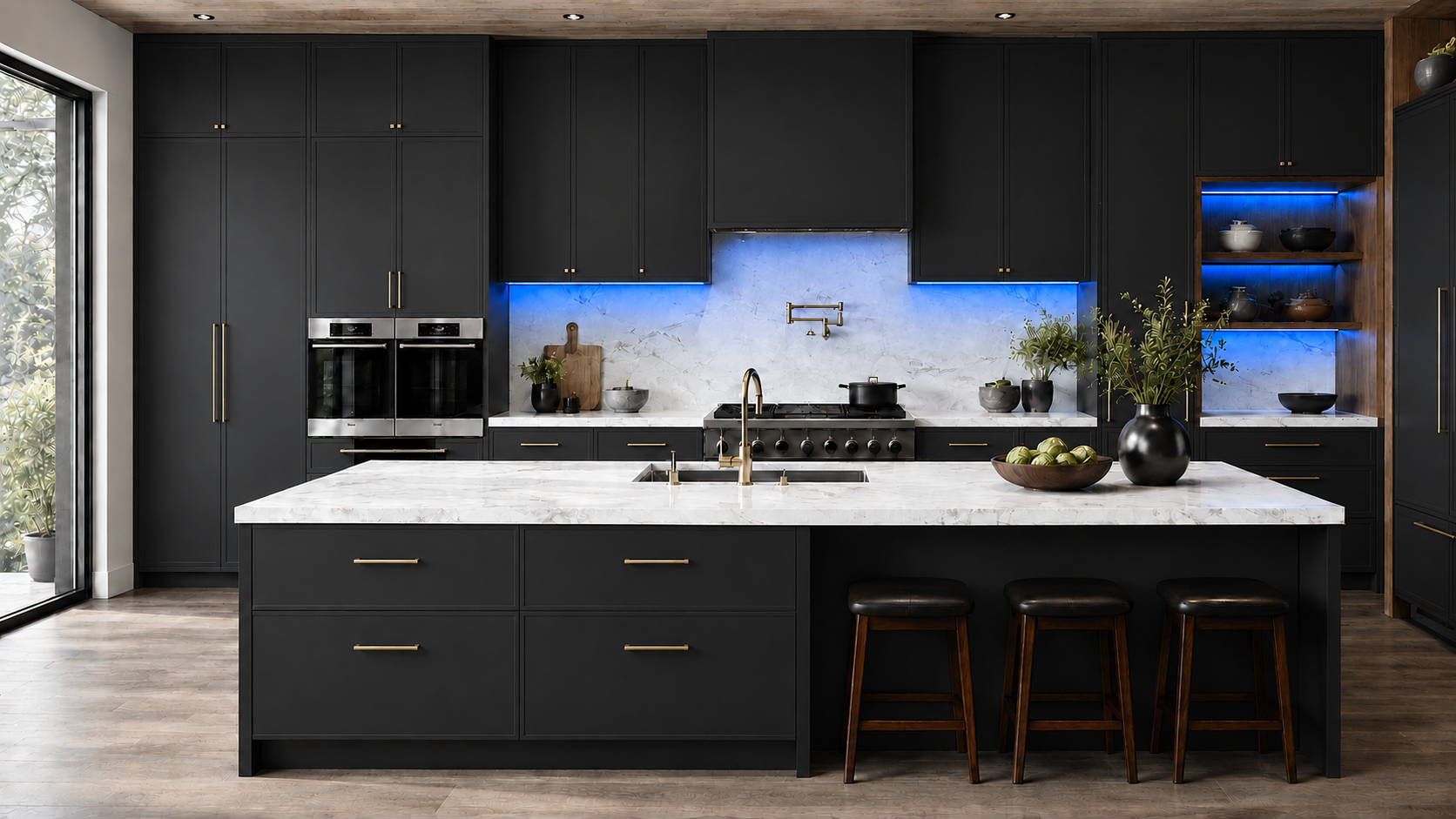 Charcoal Black Slim Shaker kitchen with blue LED lighting