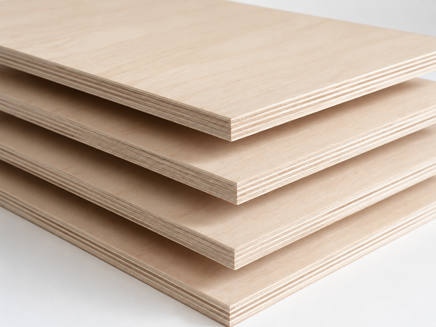 Stacked cabinet-grade plywood panels showing the layered wood veneer edges