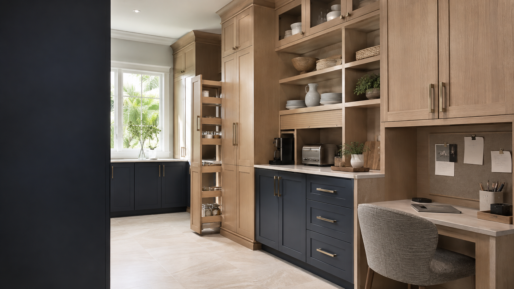 White-oak and navy walk-in pantry with appliance storage and a command center in a Palm Harbor Florida home