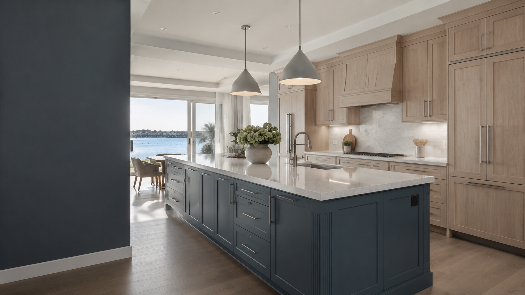 Completed Indian Rocks Beach kitchen with full-overlay oak cabinetry and a deep coastal-blue island
