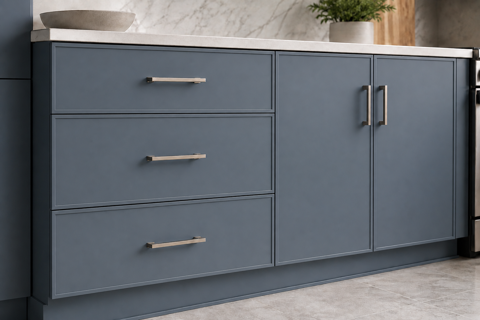 Mineral-blue full-overlay slim Shaker cabinet doors and three-drawer bank with true three-quarter-inch stiles and rails