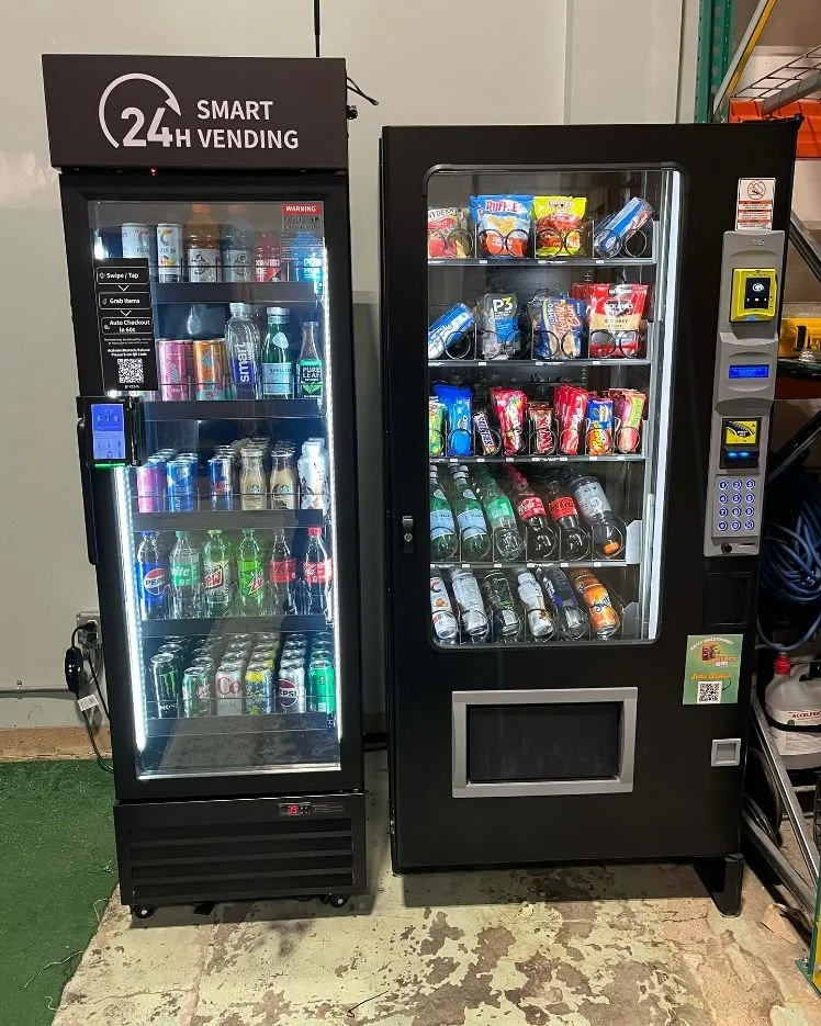BobbySnaqs smart cooler and snack and drink combo machine installed side by side
