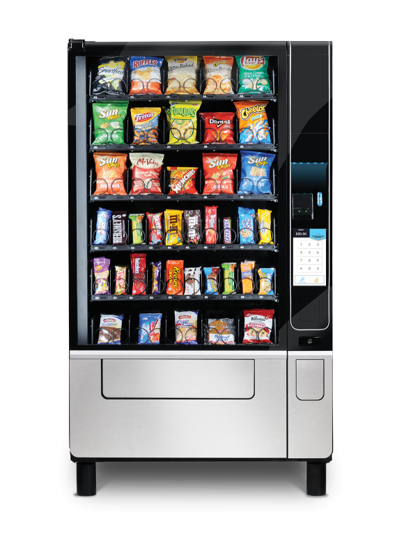 Snack vending machine stocked with chips, cookies, and candy