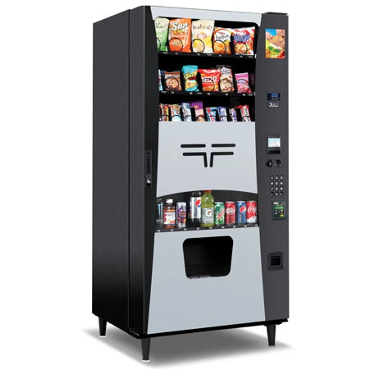 Combo vending machine with snacks and cold beverages
