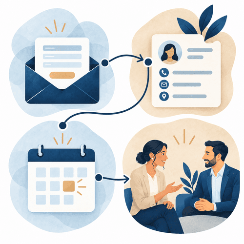 Illustration of an inquiry moving through a contact record and appointment to a real human conversation.
