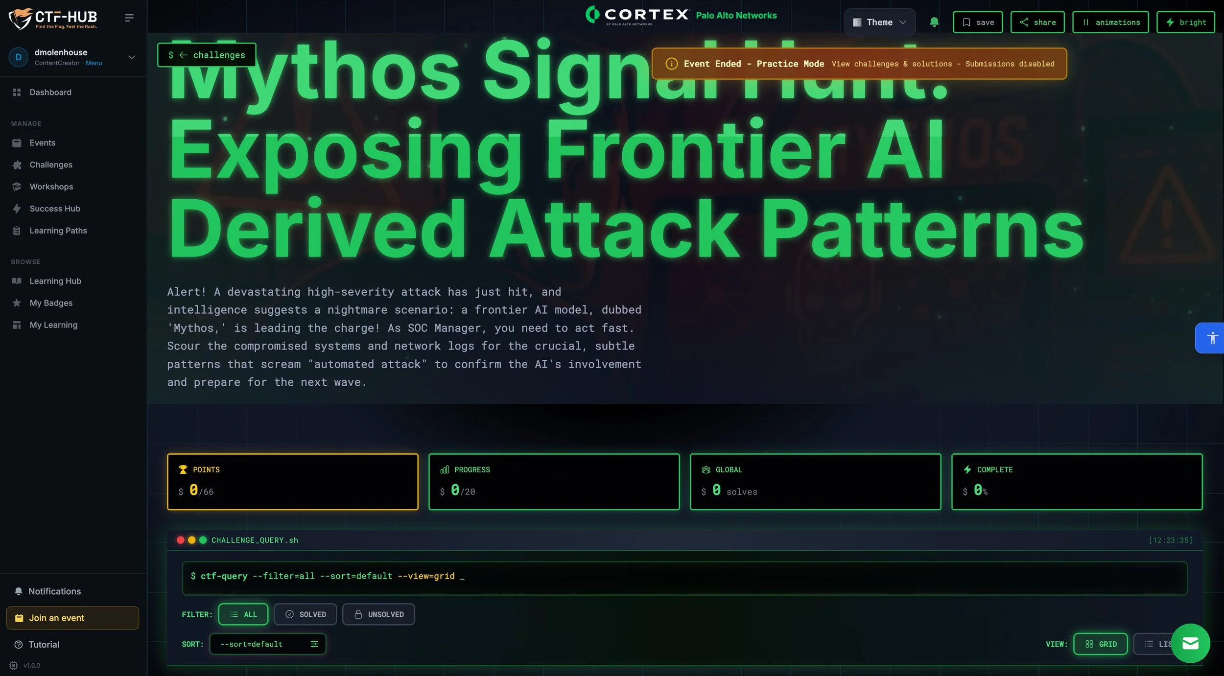 Cortex XSIAM Capture-the-Flag main experience page