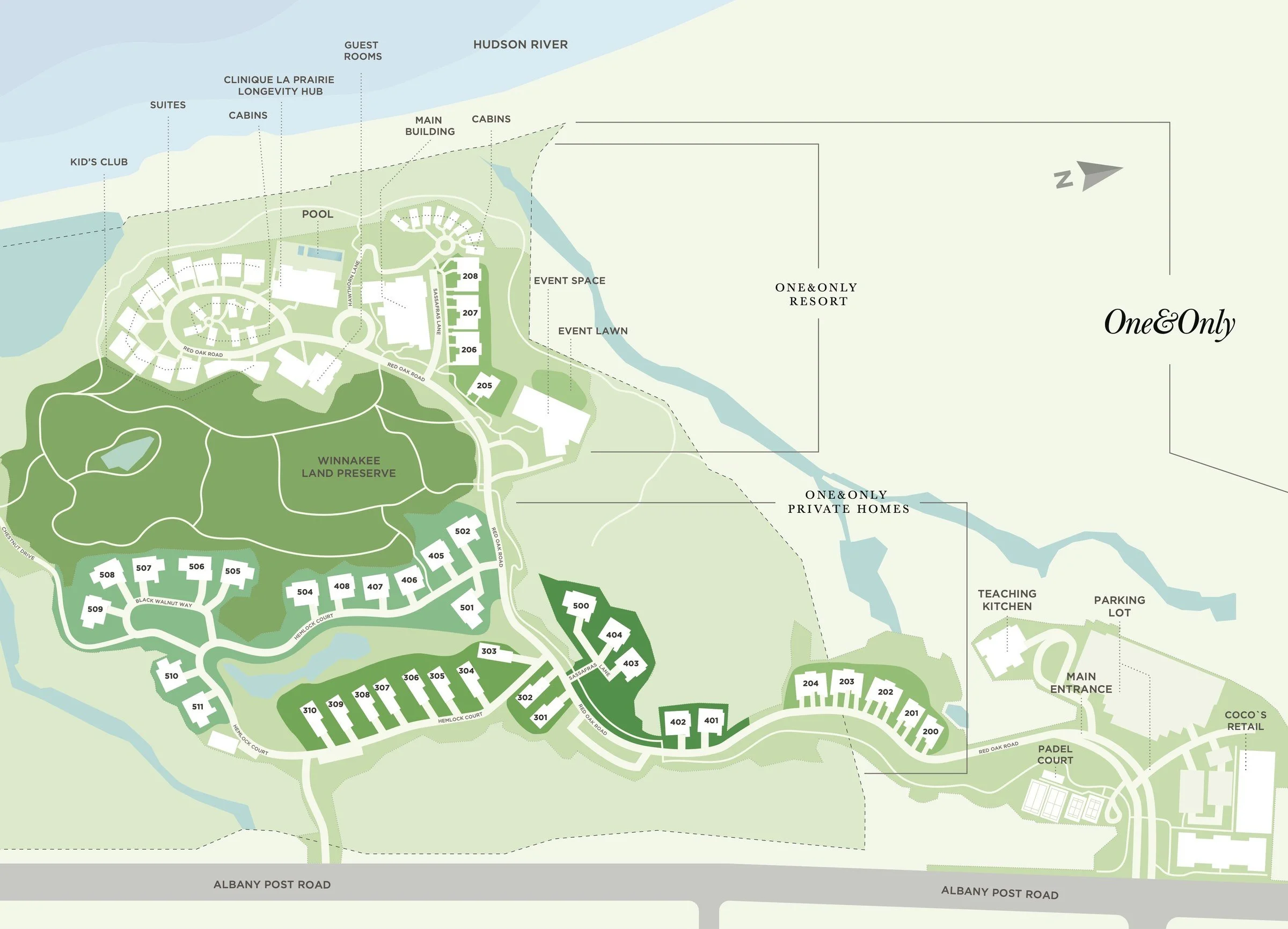 One&Only Hudson Valley site plan showing the Private Homes, resort and Winnakee Land Preserve