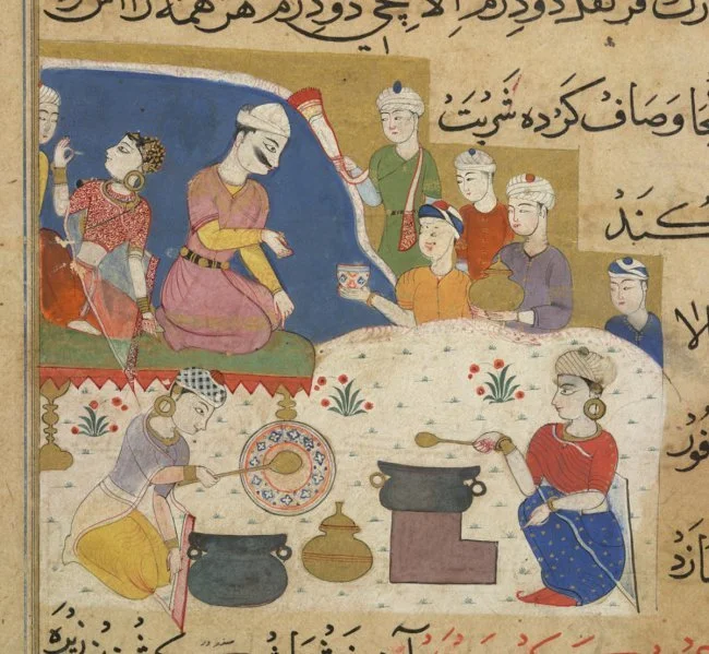 Detail from the Ni'matnama showing attendants preparing food and sherbet for Sultan Ghiyas al-Din in Mandu, circa 1495 to 1505.