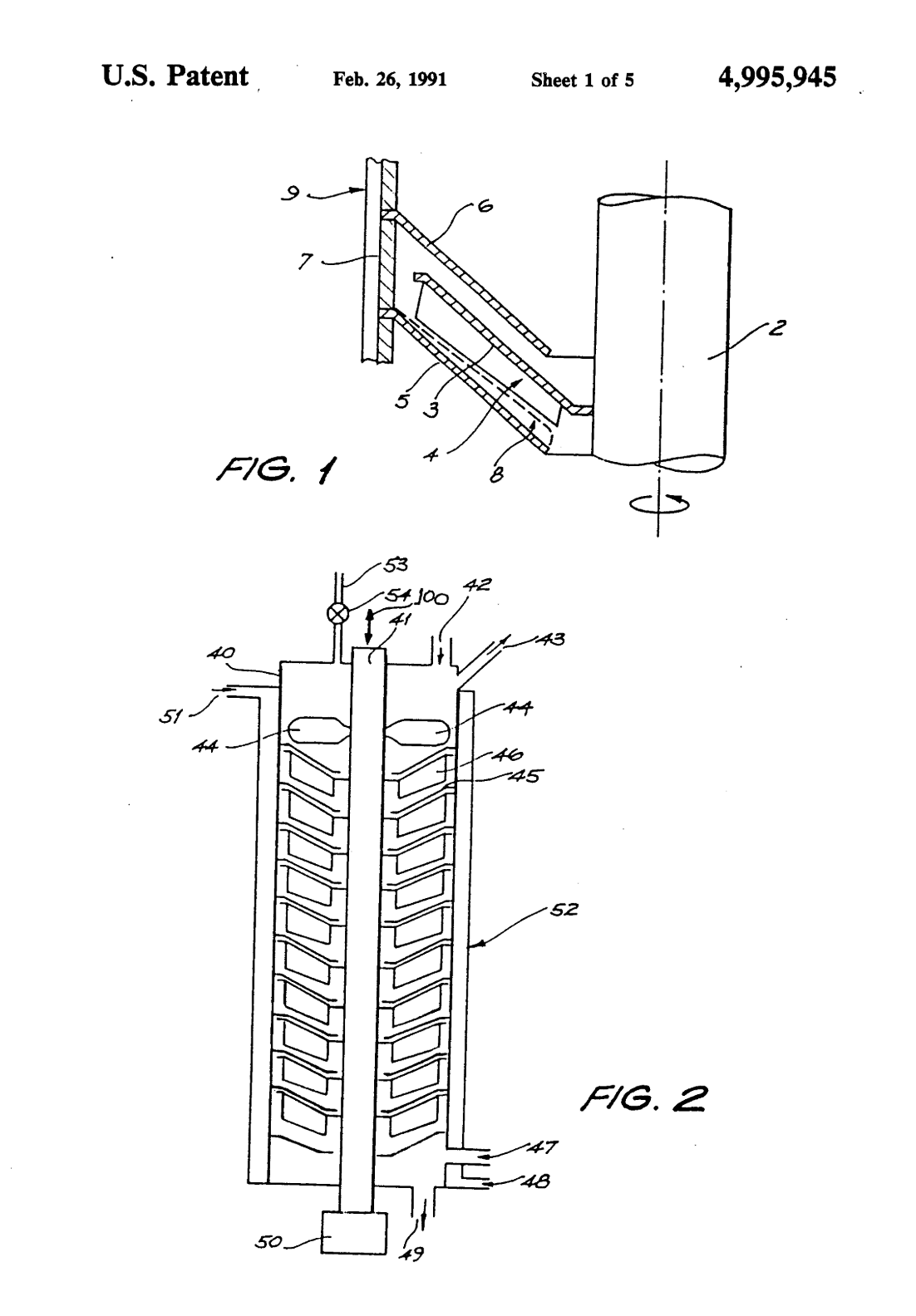 Patent sheet for U.S. Patent 4,995,945 showing diagrams of a rotating cone and spinning-cone column.