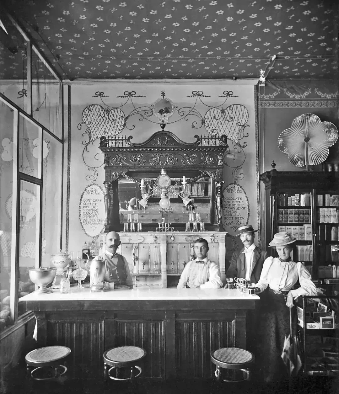 Interior of the Miller and Shoemaker Soda Fountain at the Corner Pharmacy in Junction City, Kansas, 1899.