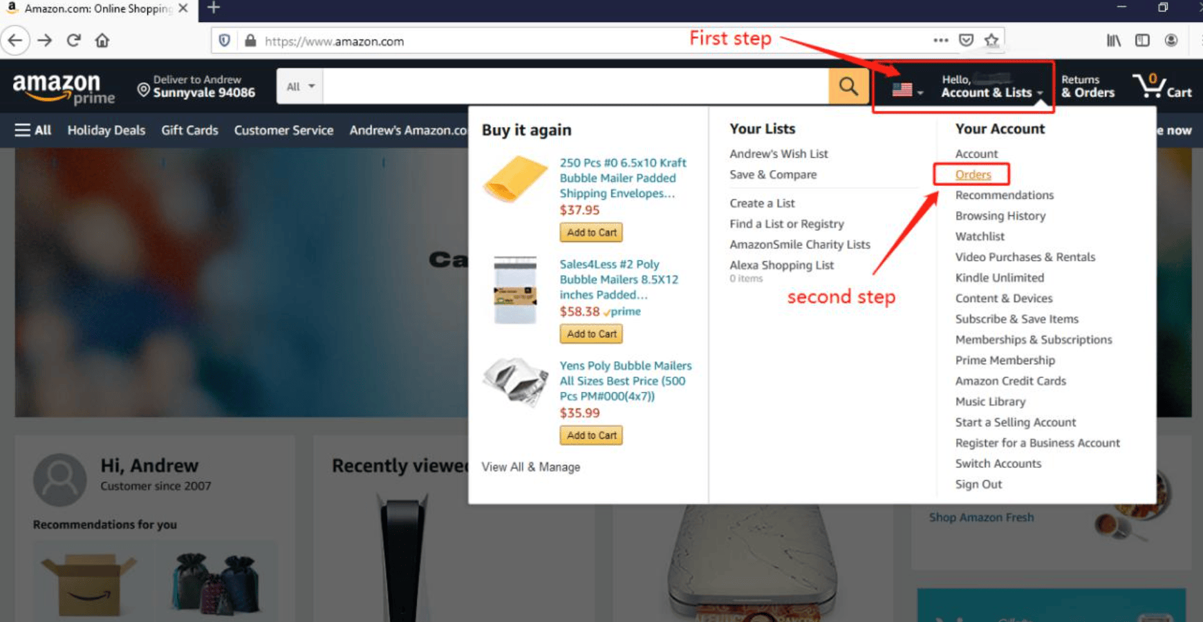 Example showing where to locate Amazon order number