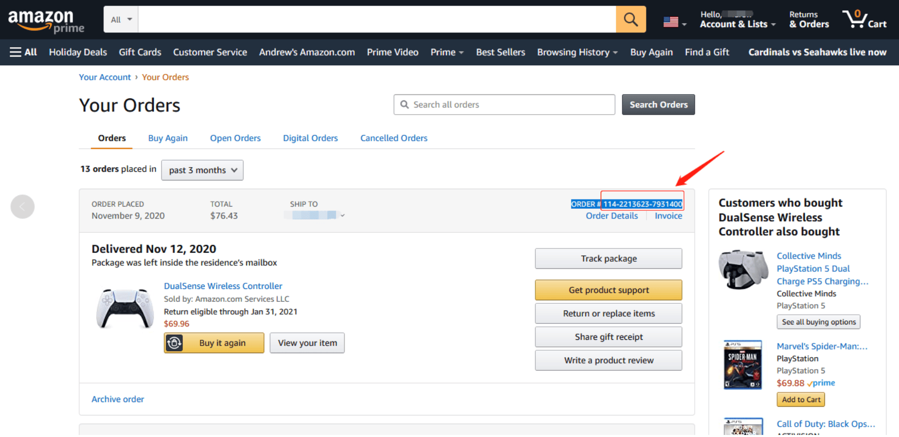 Additional example of an Amazon order number