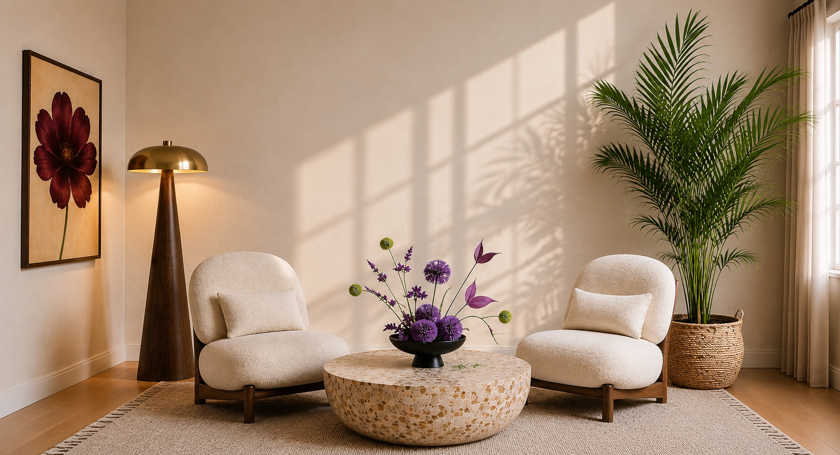 Warm, sunlit living room with two boucle chairs