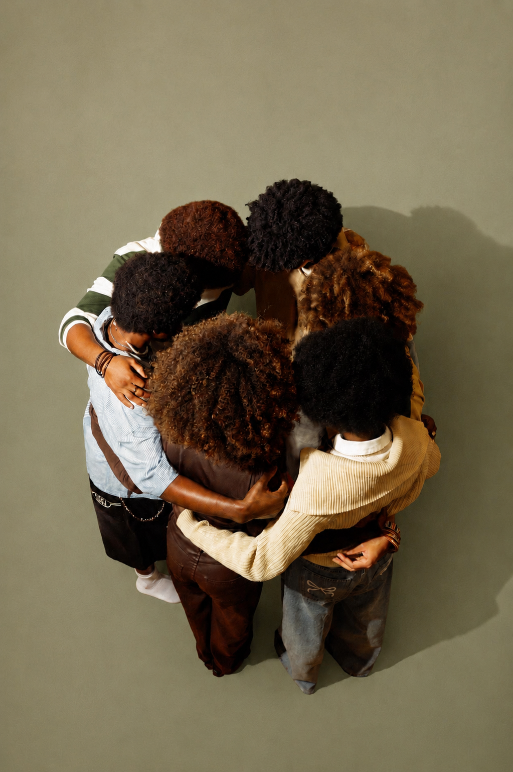 A group of Black teenagers standing in a circle with their arms around one another, seen from above against an olive green backdrop.