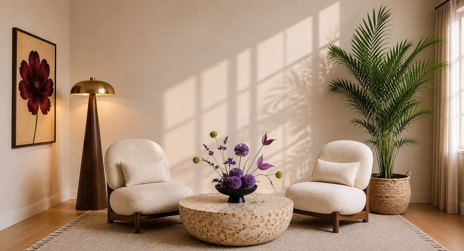 Warm, sunlit living room with two boucle chairs