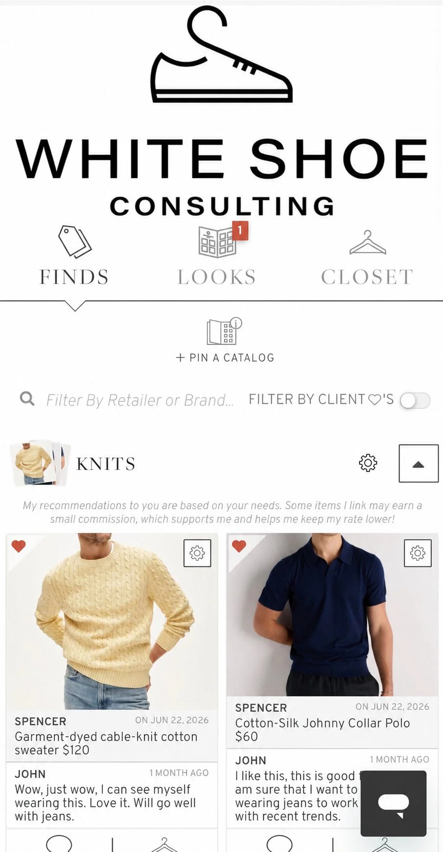 Actual White Shoe client portal showing personalized shopping recommendations and anonymized feedback