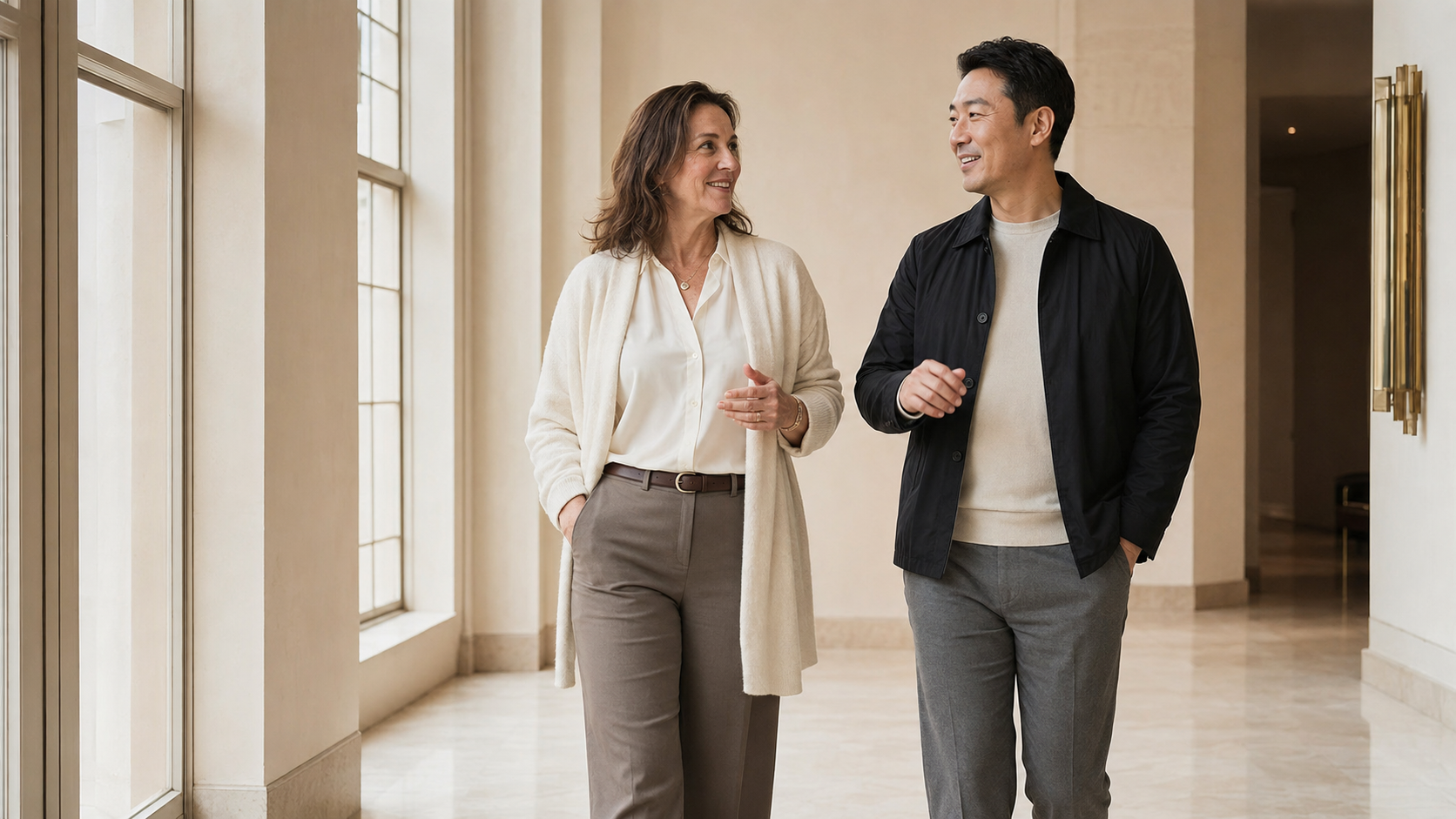 A man and woman walking confidently in polished everyday clothing