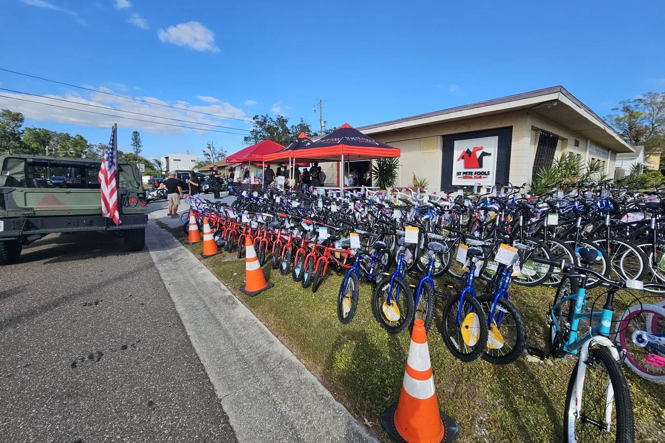 Hundreds of new bikes lined up at the giveaway