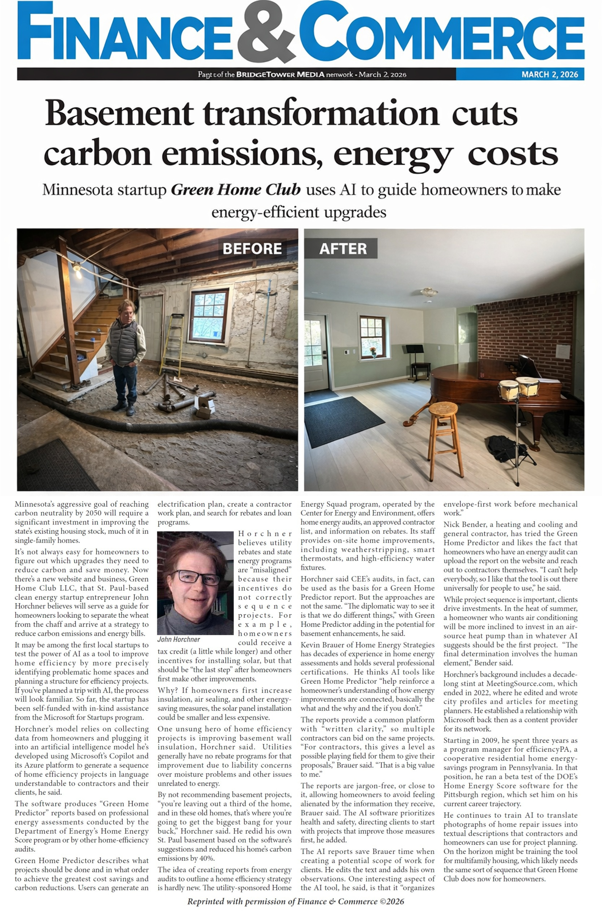 Finance & Commerce article: Sustainable: AI startup guides homeowners to cut carbon, costs