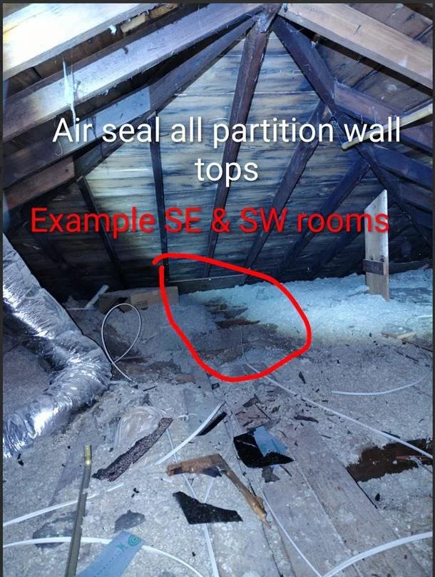 Attic photo showing insulation gaps and a note to air seal partition wall tops before adding insulation
