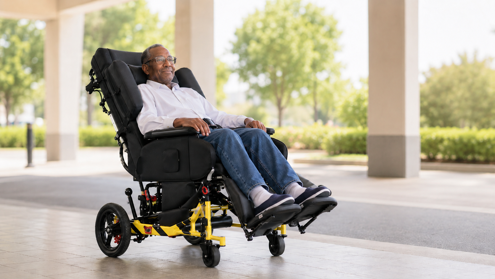 WheelCare Traversa by Broda transport wheelchair beside an accessible van