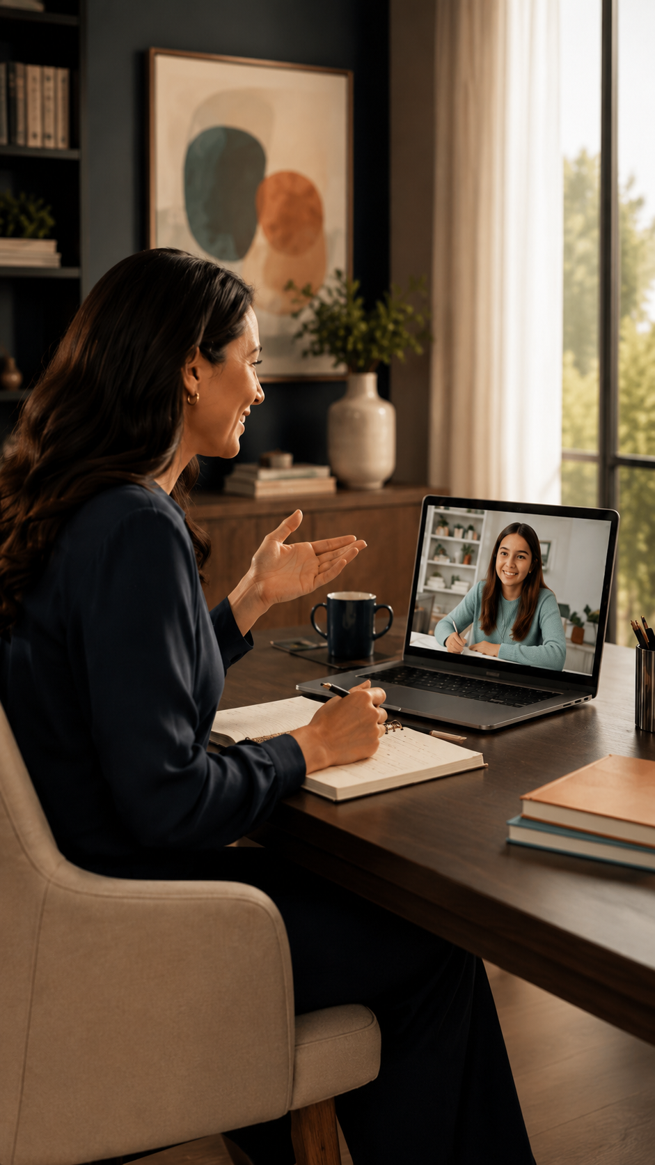 Une coach accompagne une apprenante en ligne lors d’une séance de coaching scolaire