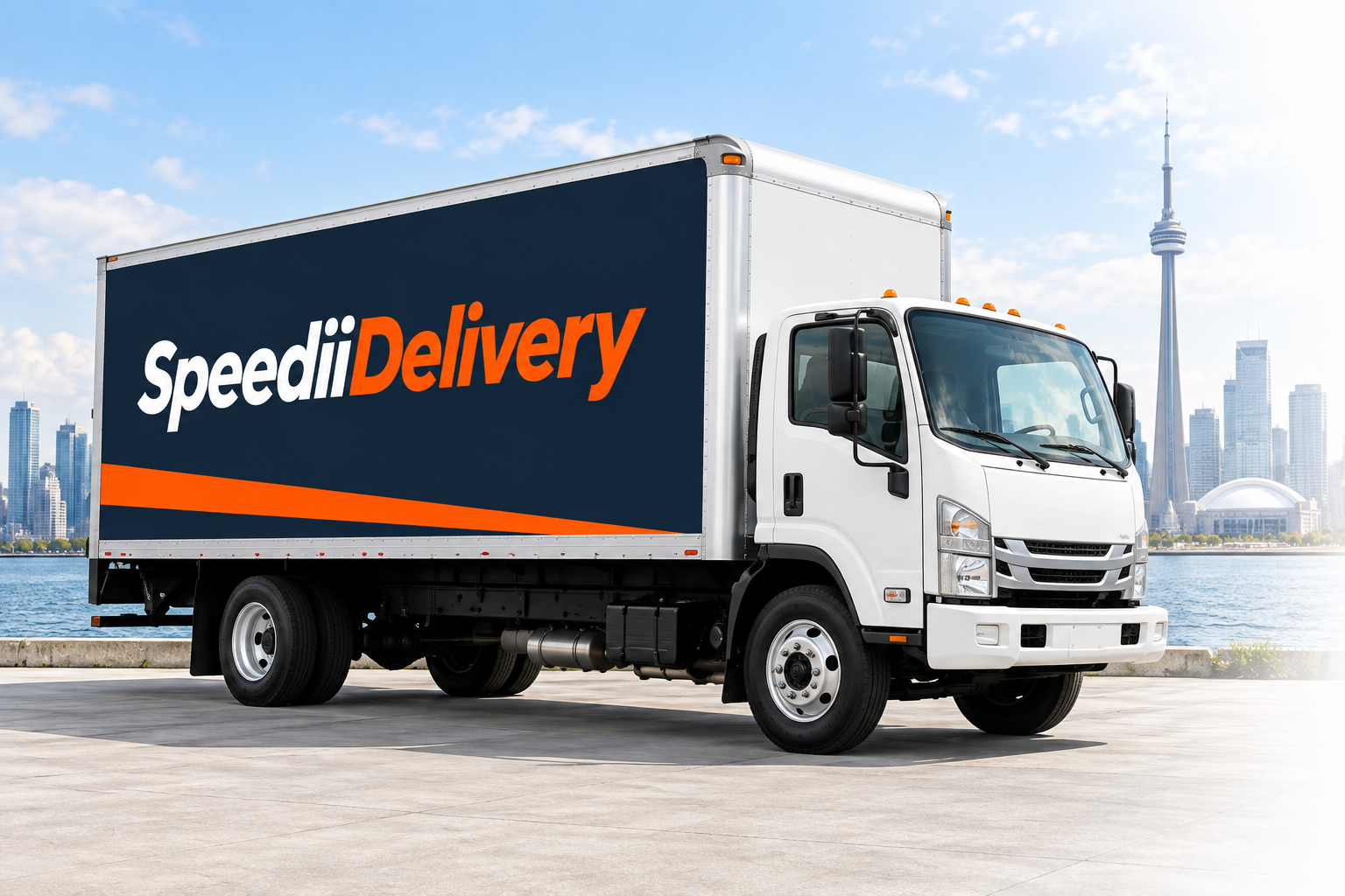 SpeediiDelivery branded white box truck beside the Toronto waterfront and CN Tower
