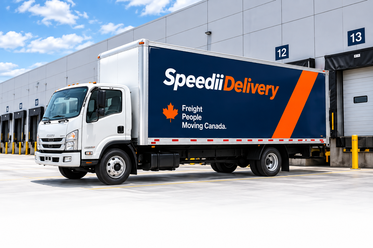 Branded SpeediiDelivery truck at warehouse loading docks