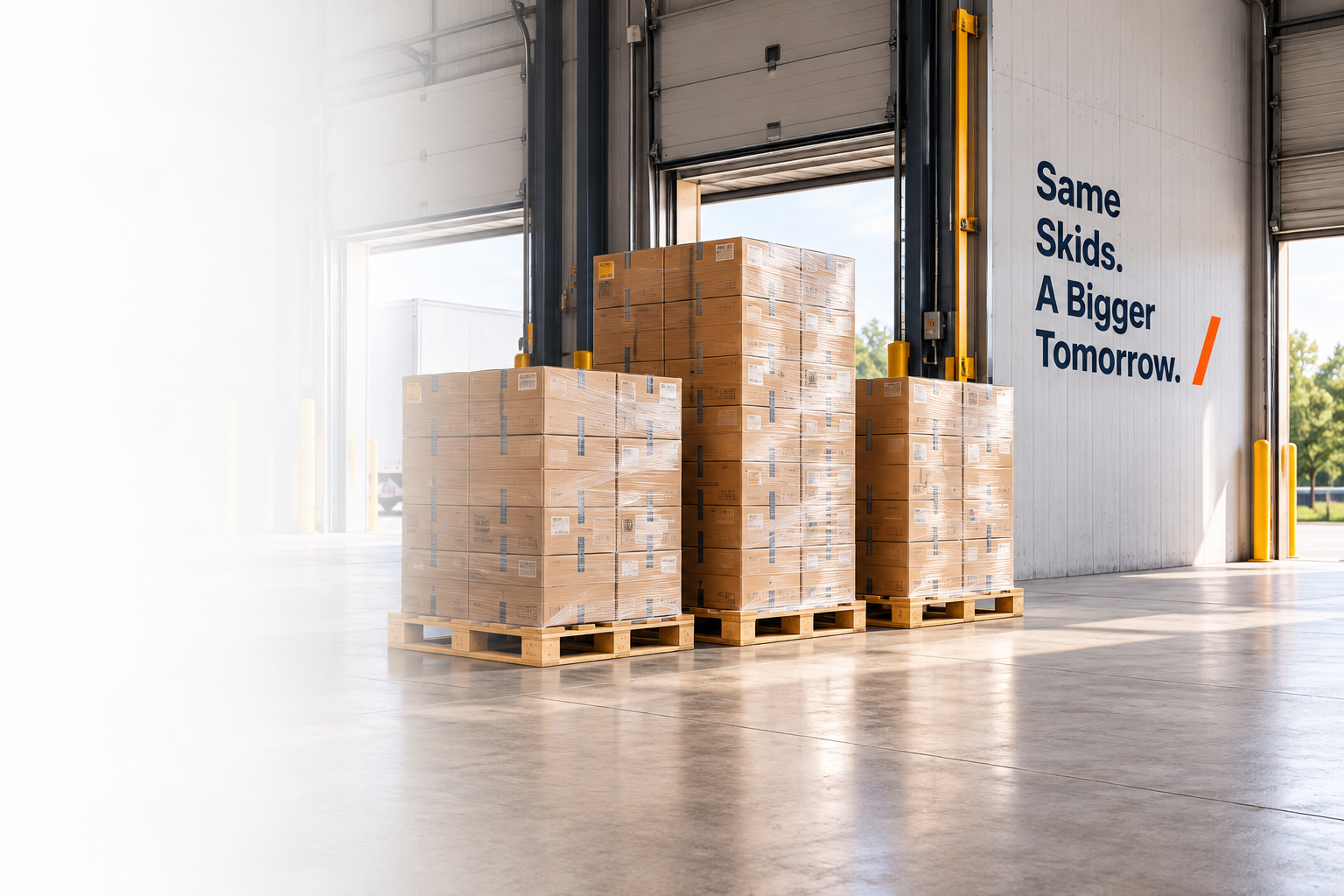 Different height wrapped pallet loads at a bright warehouse dock