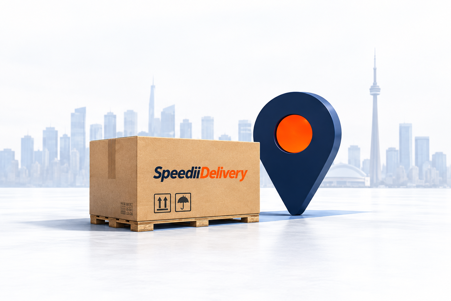 SpeediiDelivery pallet and tracking pin with the Toronto skyline