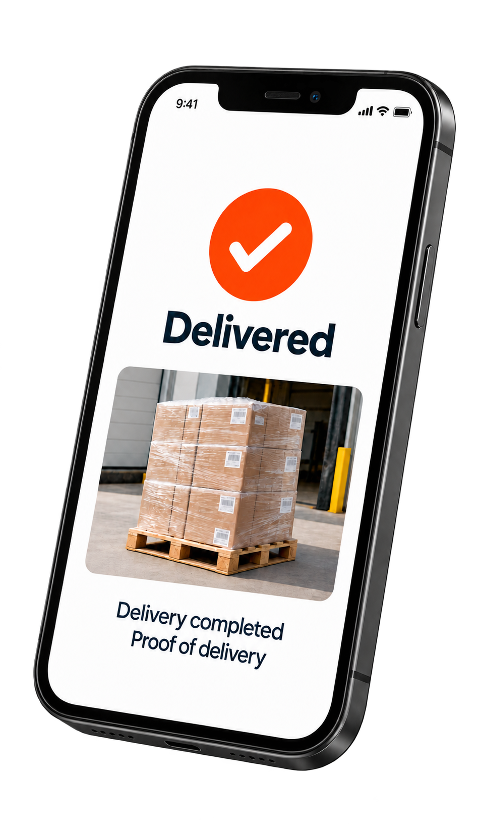 Phone showing a delivered skid photo and proof of delivery confirmation