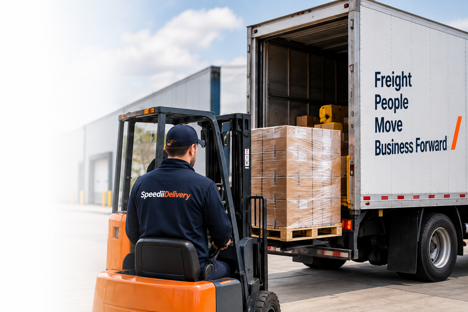 SpeediiDelivery worker loading a wrapped pallet into a freight truck