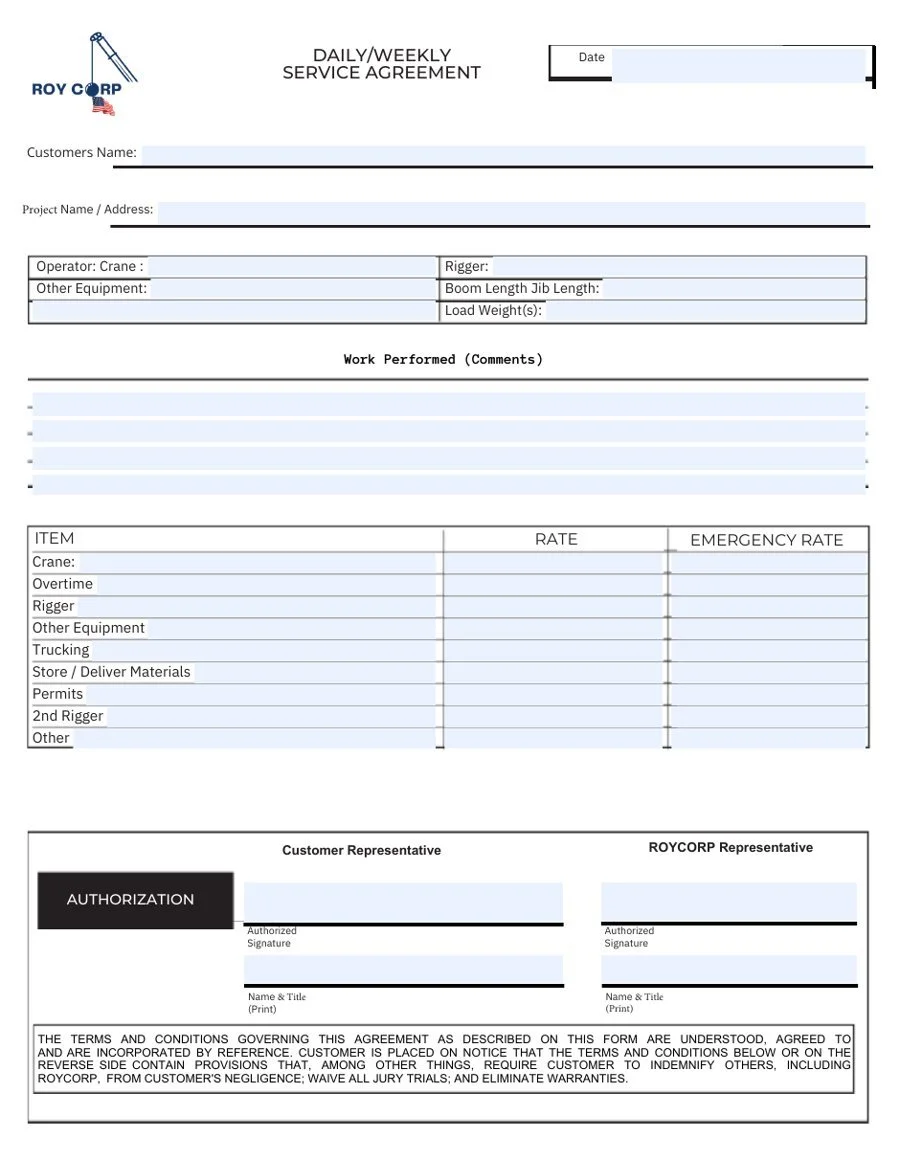 Preview of the Roy Corp Daily/Weekly Service Agreement form