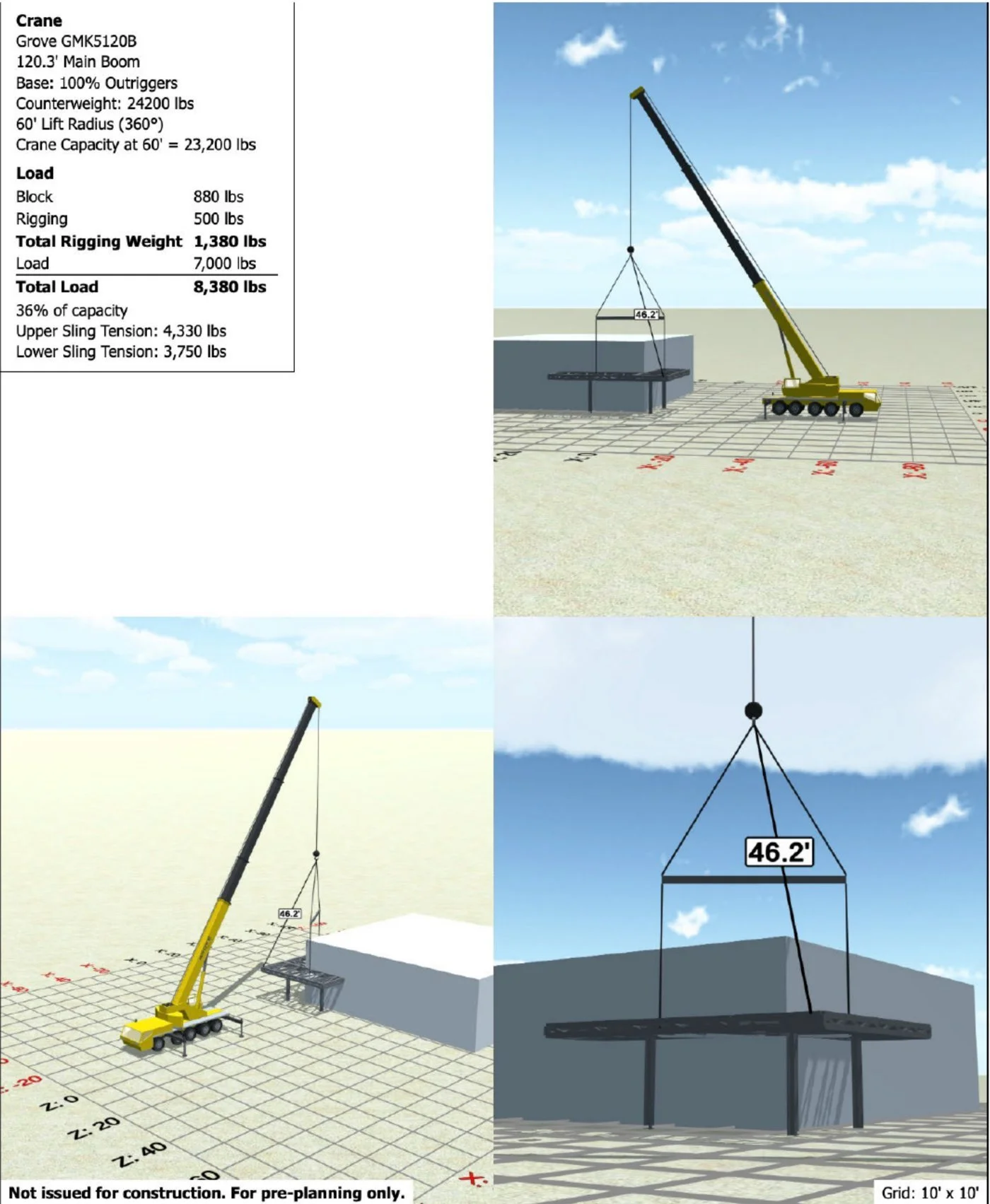 Example Roy Corp 3D lift plan showing a Grove GMK5120B at a 60 foot radius lifting a 7,000 lb steel frame, with load chart summary and three 3D views